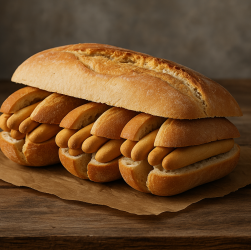 Sándwich surrealista hecho con una barra de pan rellena de mini bocadillos, y estos a su vez rellenos de rosquilletas