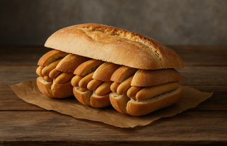 Sándwich surrealista hecho con una barra de pan rellena de mini bocadillos, y estos a su vez rellenos de rosquilletas