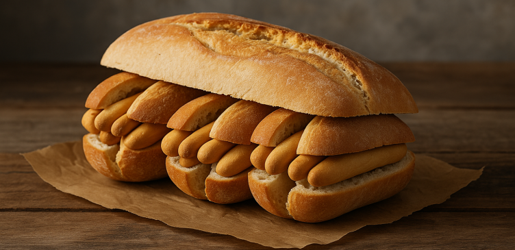 Sándwich surrealista hecho con una barra de pan rellena de mini bocadillos, y estos a su vez rellenos de rosquilletas
