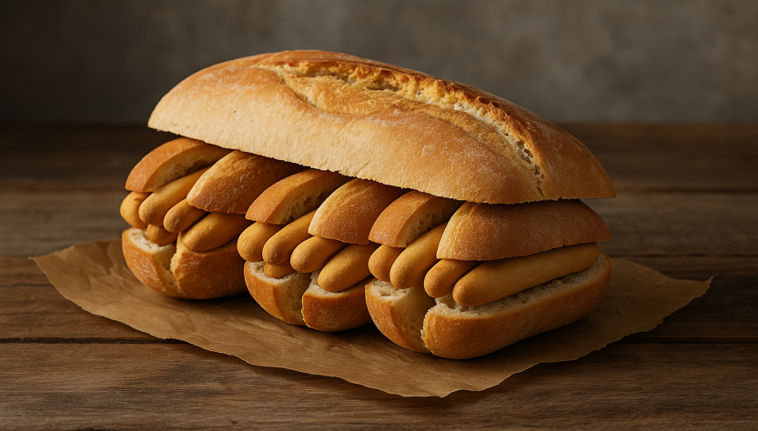 Sándwich surrealista hecho con una barra de pan rellena de mini bocadillos, y estos a su vez rellenos de rosquilletas