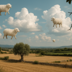 Campo agrícola en verano con ovejas flotando entre las nubes en un cielo azul, en una escena surrealista.