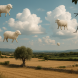 Campo agrícola en verano con ovejas flotando entre las nubes en un cielo azul, en una escena surrealista.