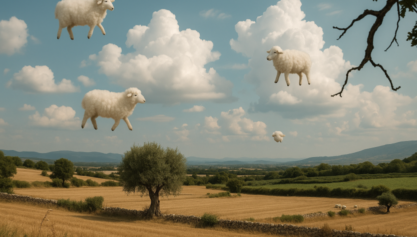 Campo agrícola en verano con ovejas flotando entre las nubes en un cielo azul, en una escena surrealista.